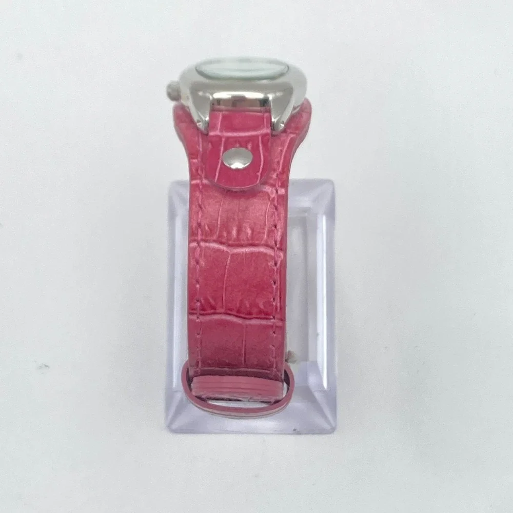 Fossil F2 Women's Watch 23mm Silver Tone Date Pink Leather Cuff MOP New Battery